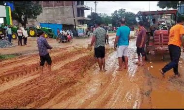 बलरामपुर जिला मुख्यालय से होकर गुजरने वाली एनएच 343 में आज भाजपा के कार्यकर्ताओं ने धान की रोपाई कर दी