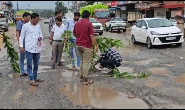 केशकाल के मुख्य मार्ग के जर्जर हालत और बारिश में हो रहे गड्ढों  के विरोध में युवा मोर्चा गड्ढों में बेश्रम के पौधे लगाकर भूपेश बघेल सरकार का किया विरोध.