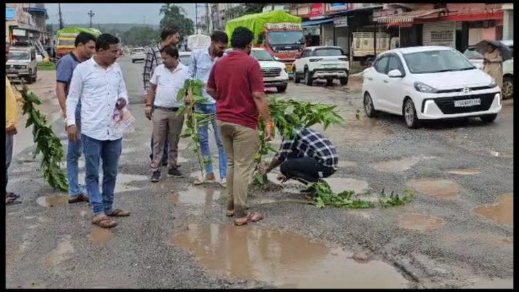 केशकाल के मुख्य मार्ग के जर्जर हालत और बारिश में हो रहे गड्ढों  के विरोध में युवा मोर्चा गड्ढों में बेश्रम के पौधे लगाकर भूपेश बघेल सरकार का किया विरोध.